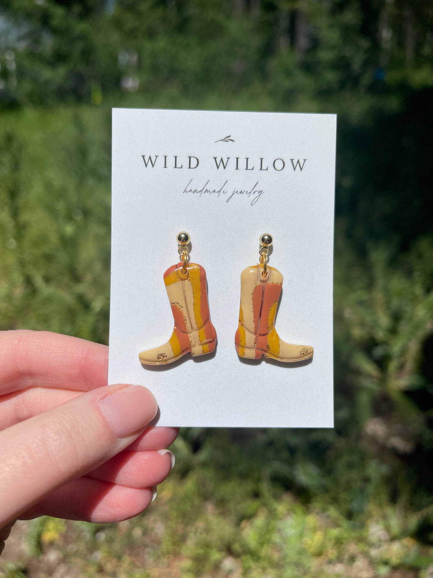 Amber Swirl Clay Cowboy Boot Earrings | 18k Gold Plated