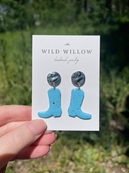 Turquoise Clay Cowboy Boot Earrings | Silver Plated